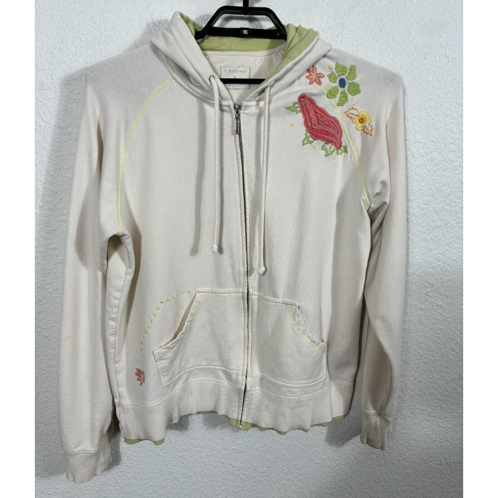 J. Peterman Hooded Jacket Womens Large Ivory Floral Zip Pockets Embroidered